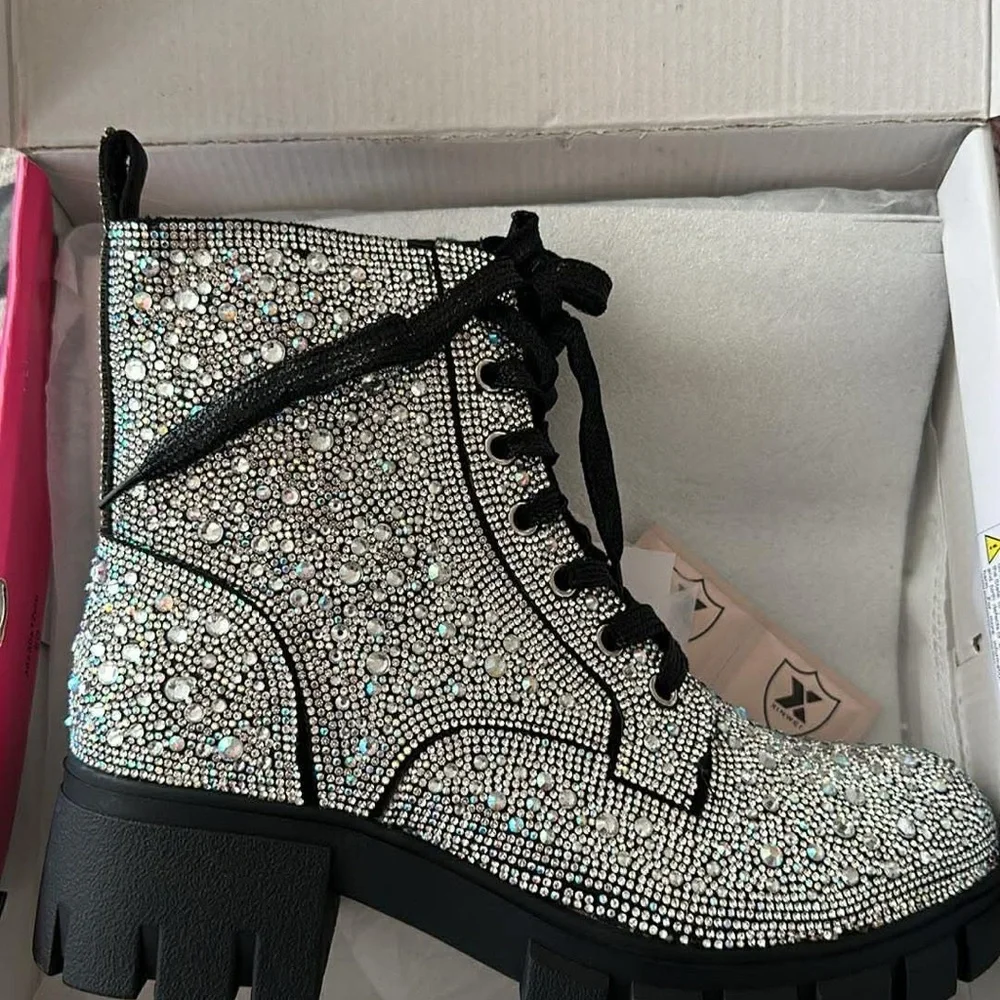 Hey Girl by Corkys Black and Silver Crystal Combat Boots - Picture 1 of 1